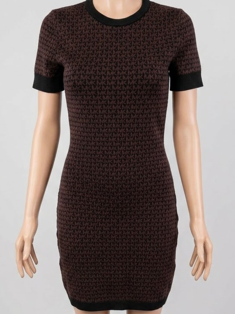 Nwt Michael Kors Signature Mk Logo Brown Knit Mini Dress